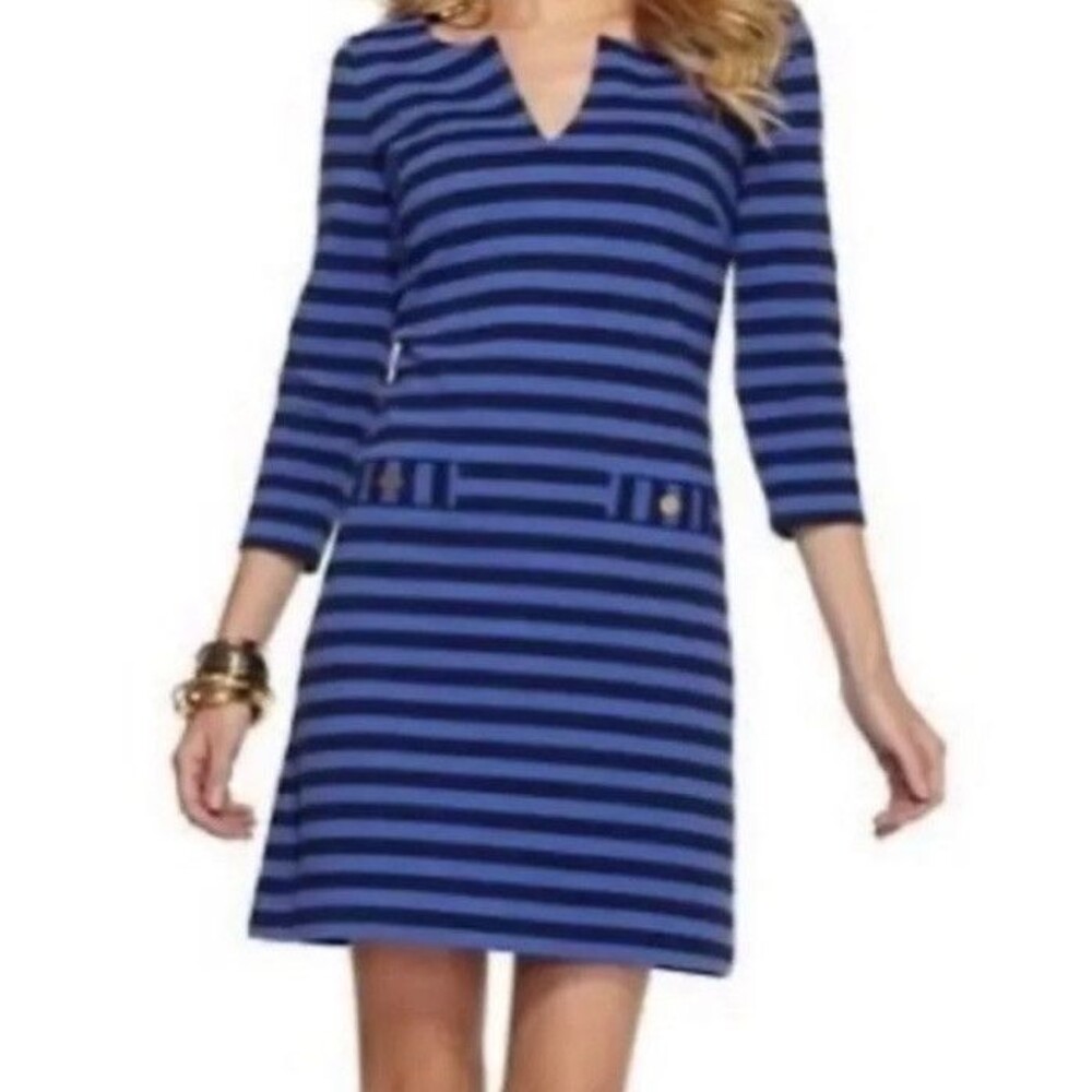 Lilly Pulitzer Dress Sz S Blue Stripe Shift Stretch 3/4 Long Sleeve
